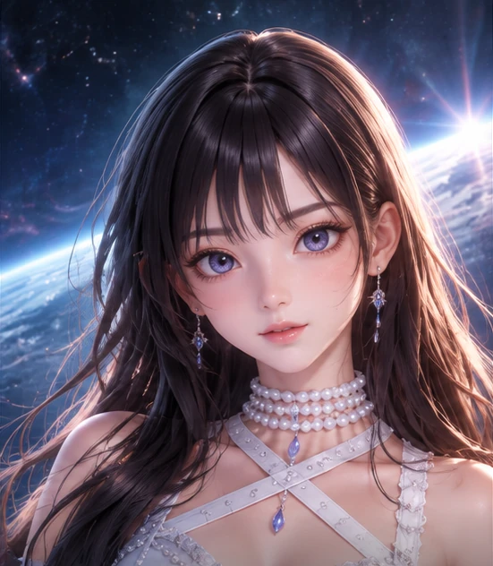 HARUKA — dark hair, pearls and a blue pendant above Earth's horizon