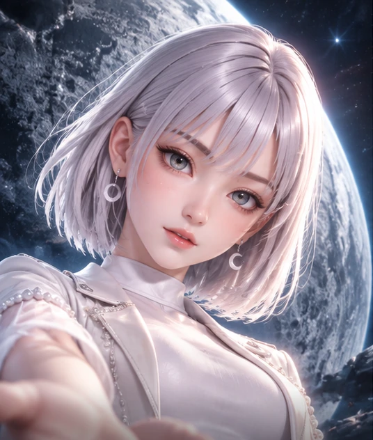LUNA — silver hair and crescent earrings against the Moon