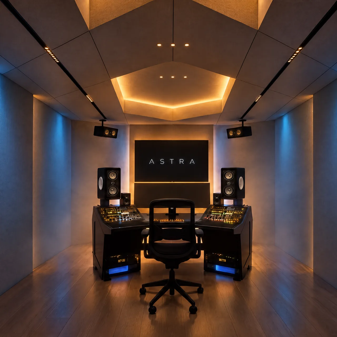 The ASTRA MOTION control room at night: two mixing desks facing a pair of studio monitors and a wall screen reading ASTRA, under a faceted acoustic ceiling with warm cove lighting and blue wall light.